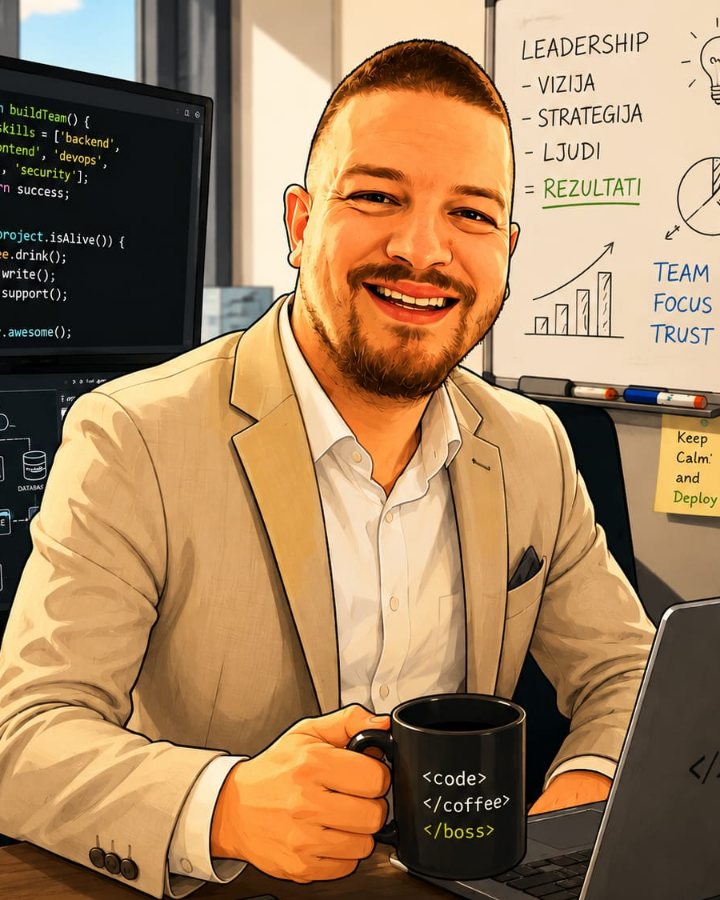 Illustrated portrait of Denis at his desk, smiling, holding a coffee mug, with code on the monitors and a whiteboard behind him.